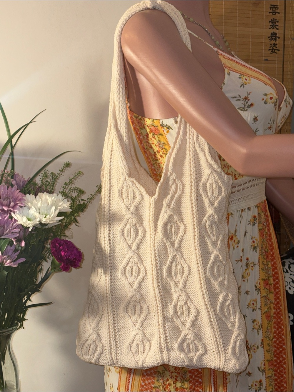 Cream Cable Knit Market Tote